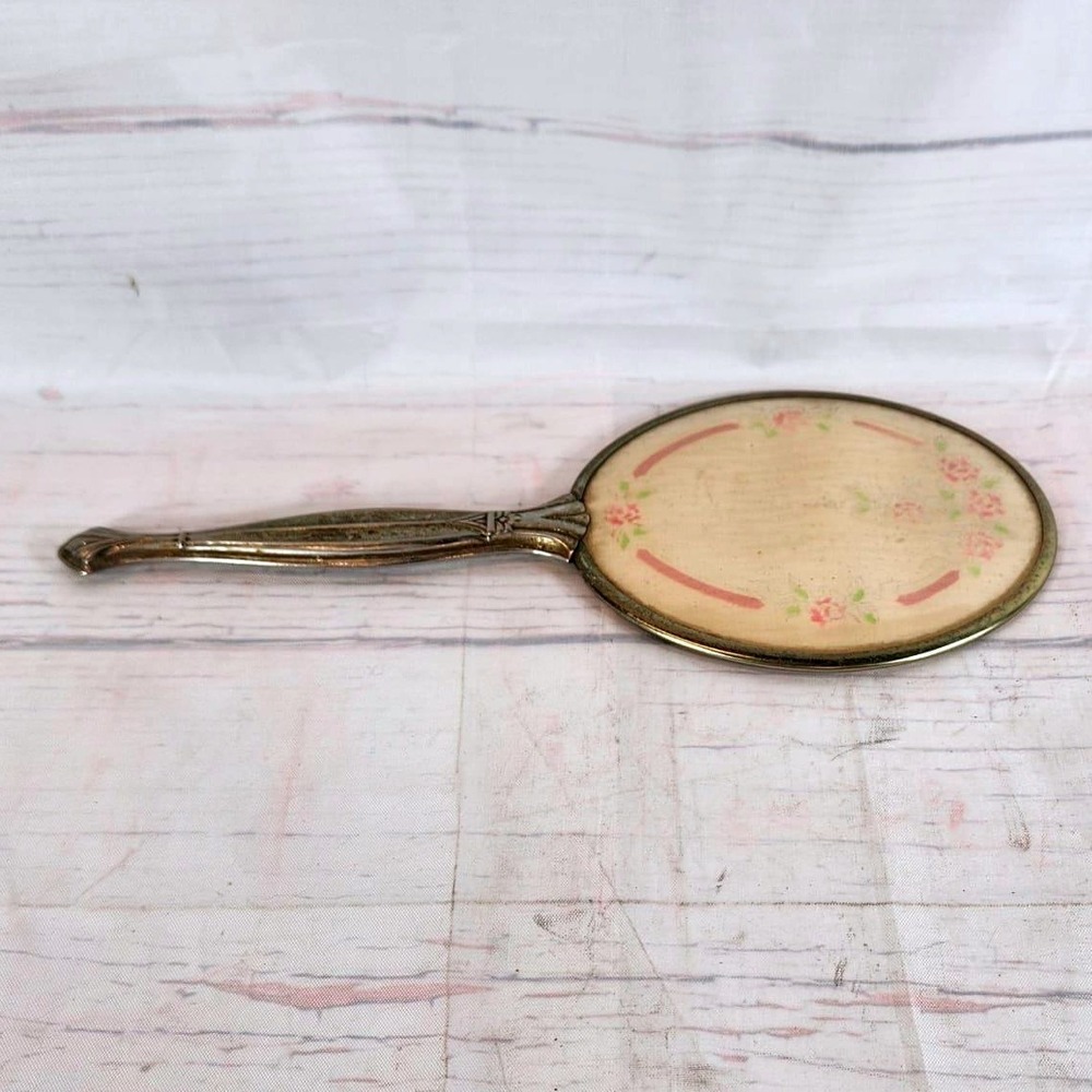 Vintage Vanity Hand Mirror Gold Floral Fabric Back - Cottagecore